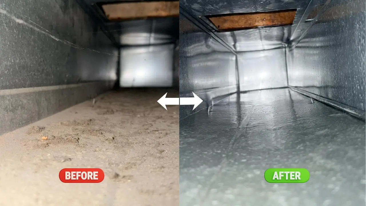 Before and after air duct cleaning services in Carp — dirty vs clean ductwork by BlueGuard