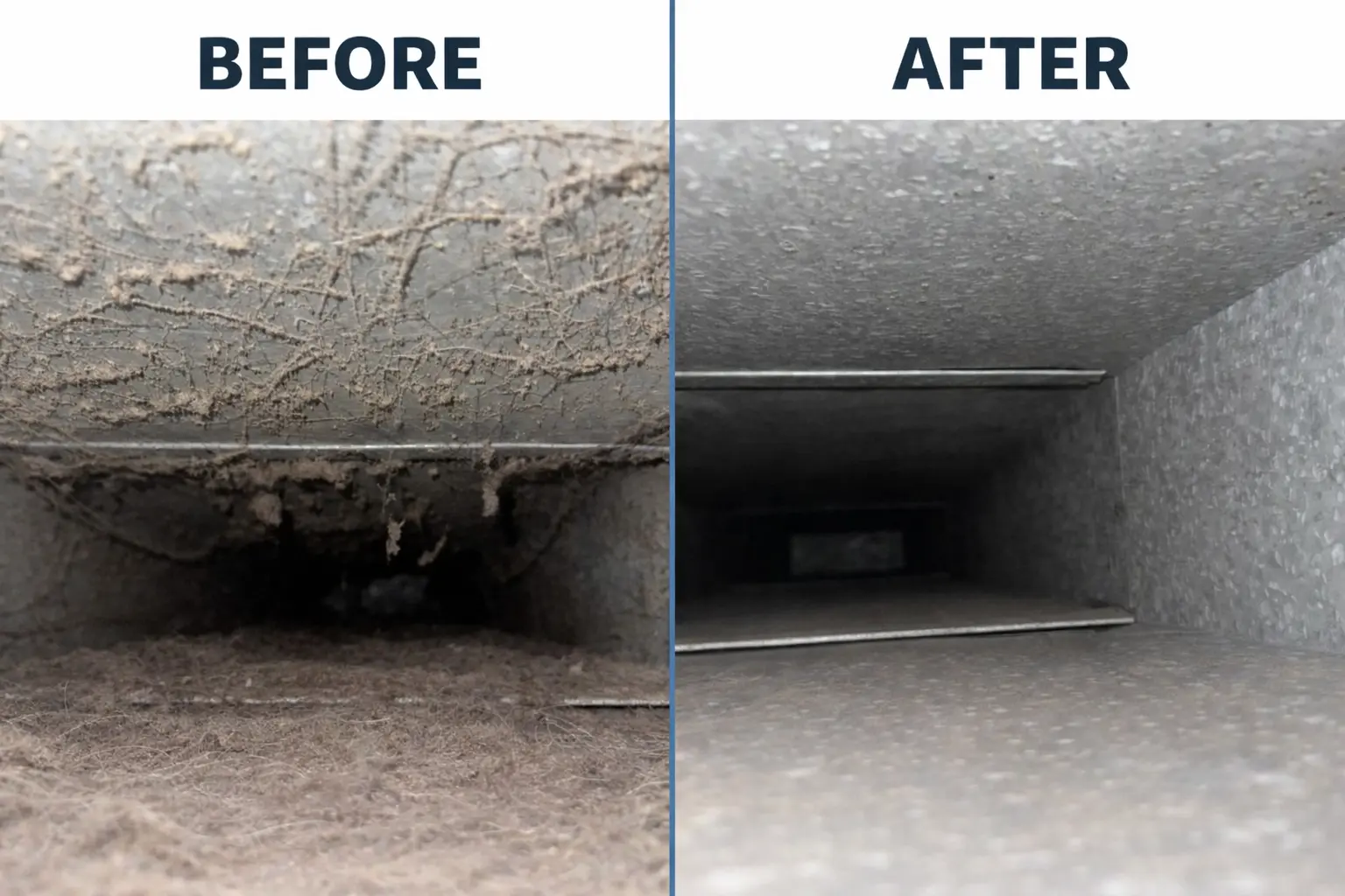 Visible results of professional air duct cleaning services in Gatineau — clogged dusty ducts before and spotless clean ducts after by BlueGuard