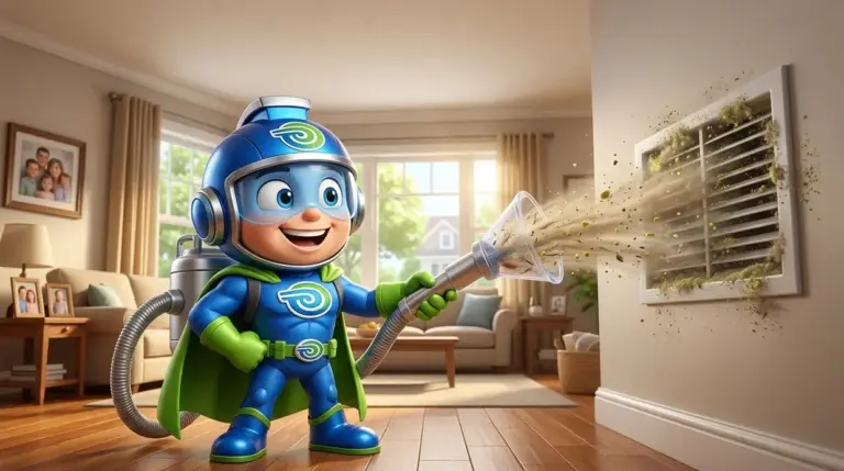 BlueGuard mascot cleaning air duct in Orleans summer living room