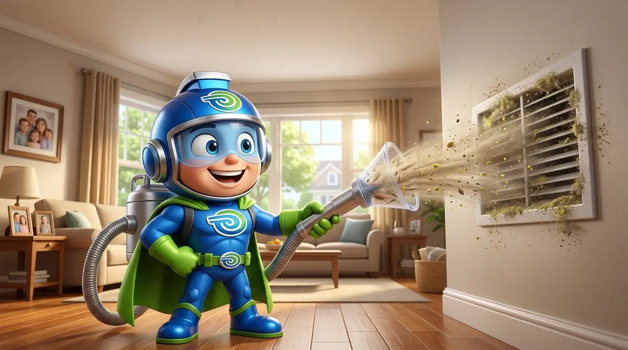BlueGuard mascot cleaning air duct in Orleans summer living room