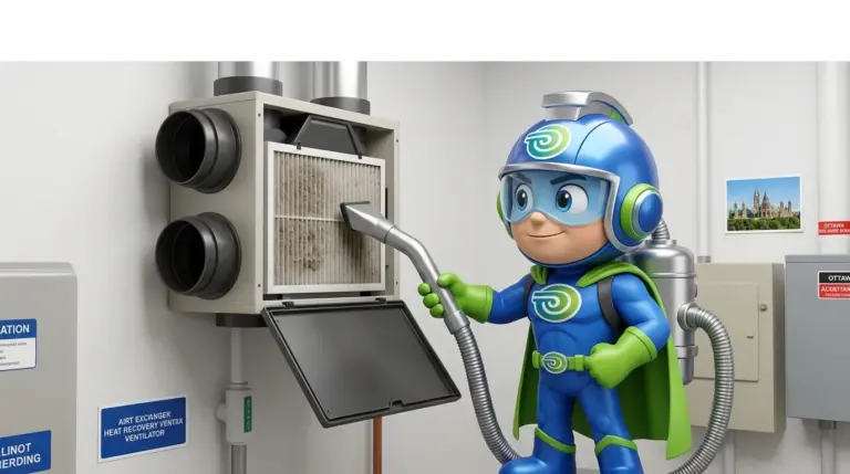 BlueGuard mascot performing air exchanger cleaning in an Ottawa home utility room