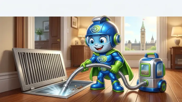 duct cleaning Ottawa BlueGuard mascot cleaning air duct in Ottawa home