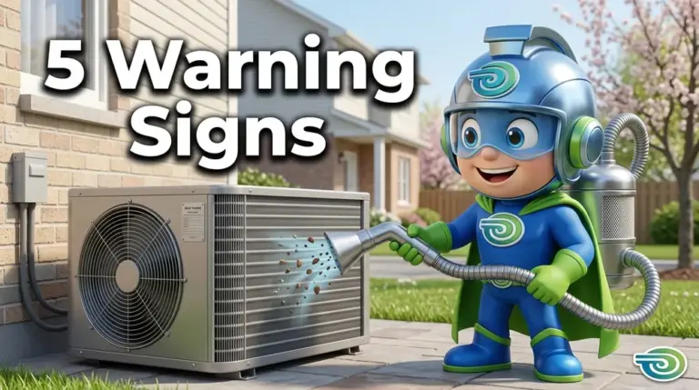 heat pump cleaning Ottawa - BlueGuard mascot cleaning outdoor heat pump unit