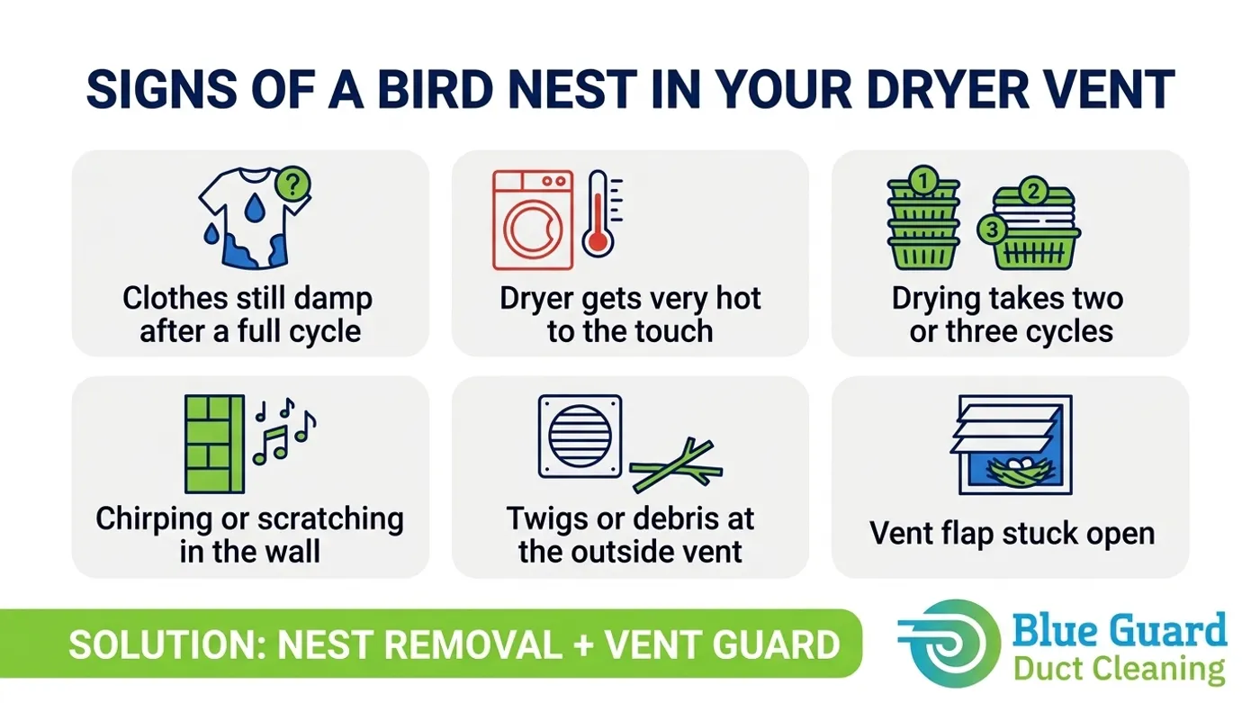 Dryer Vent Cleaning Orleans: 6 Bird Nest Warning Signs to Fix Now 1 Dryer vent cleaning signs of a bird nest in your dryer vent in Orleans