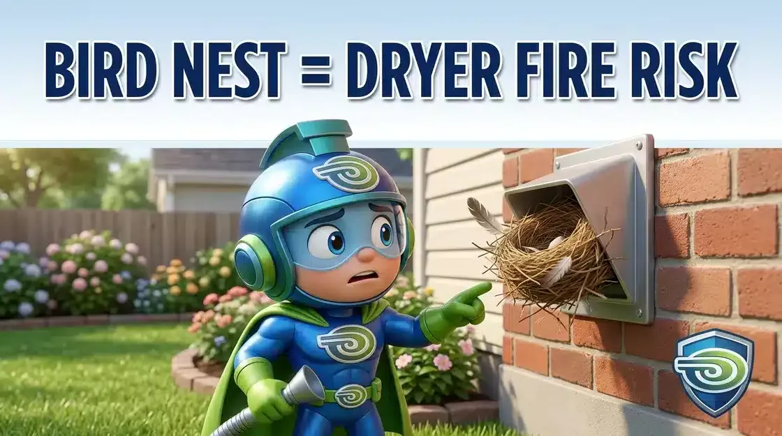 Home 36 BlueGuard mascot pointing at a bird nest blocking a dryer vent, dryer vent cleaning Ottawa