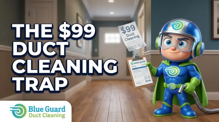 BlueGuard mascot warning Ottawa homeowners about the $99 duct cleaning cost trap