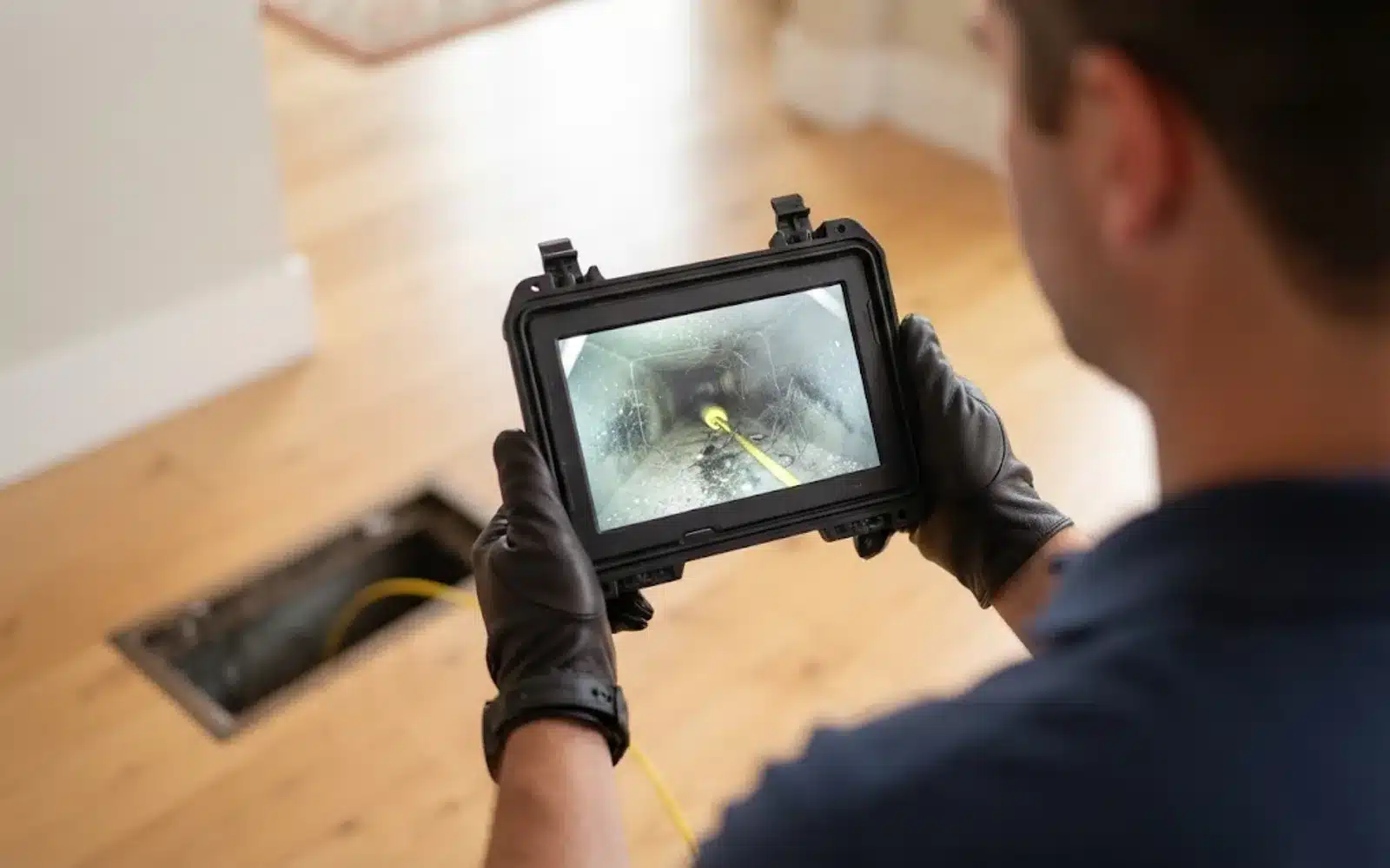 Camera inspection monitor showing dust and debris inside an air duct