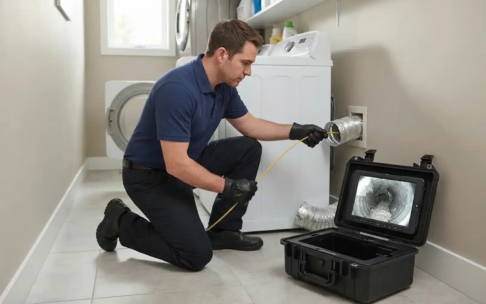 Dryer vent camera inspection showing lint buildup on the monitor