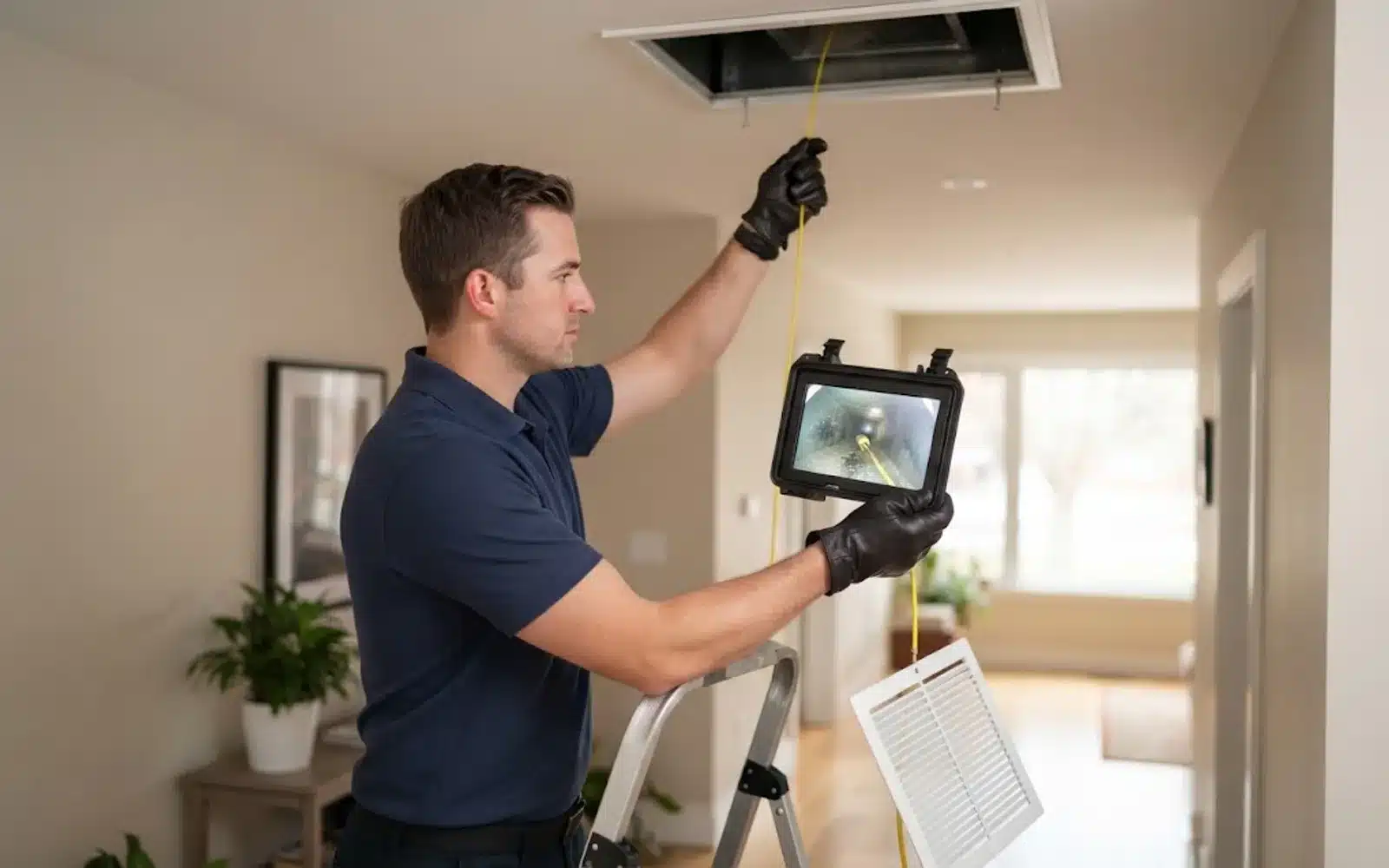 Duct camera inspection of a ceiling supply vent with a handheld monitor