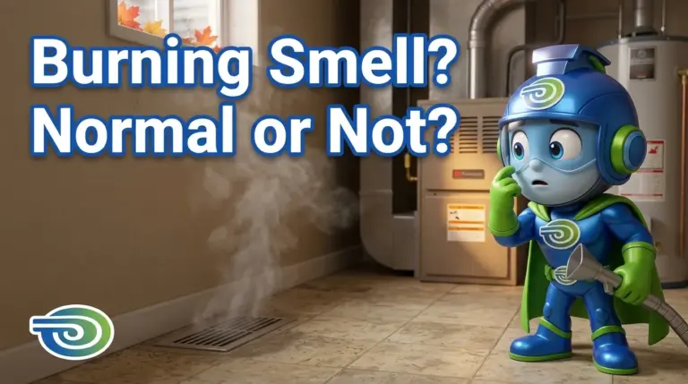 BlueGuard mascot checking a furnace burning smell from a basement heat vent in a Stittsville home