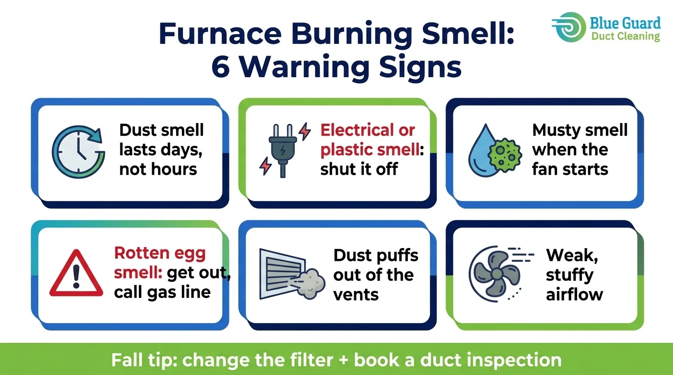 furnace burning smell 6 warning signs infographic by BlueGuard Duct Cleaning
