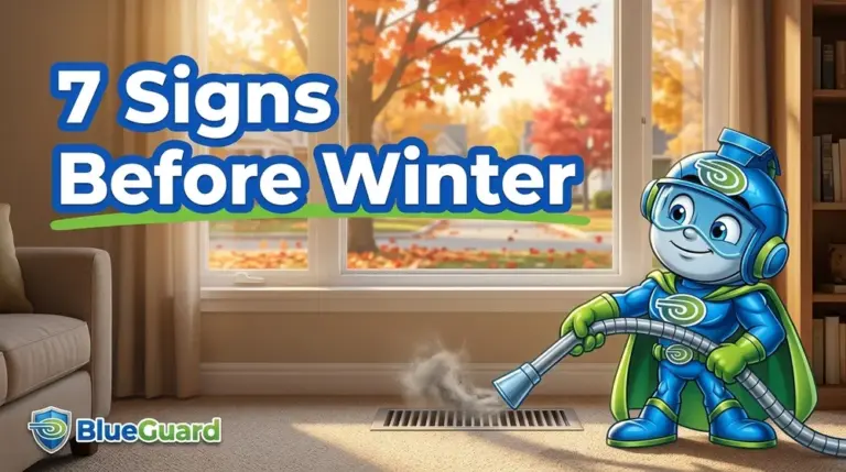 Manotick duct cleaning before winter with the BlueGuard mascot cleaning a dusty floor vent